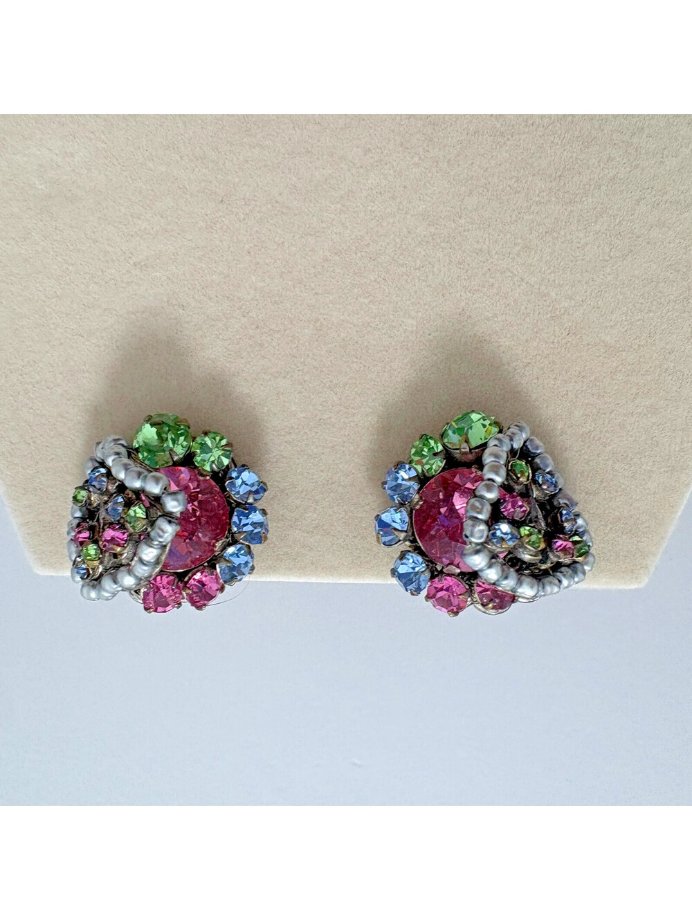 Vintage Signed Miriam Haskell Clip Earring Pink Green Blue Glass Silver Tone